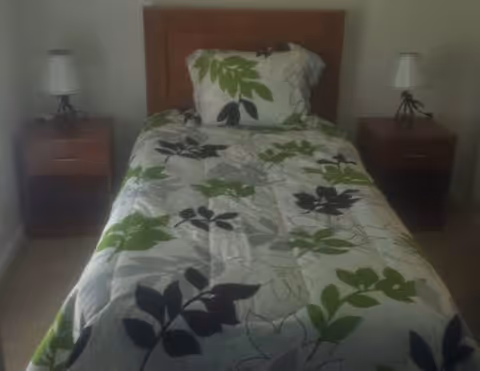 A single bed with a wooden headboard, covered with a white bedspread featuring green and black leaf patterns. There is a matching pillow on the bed. On each side of the bed, there is a wooden nightstand with a small lamp on top. The room has light-colored walls and carpeted floor.