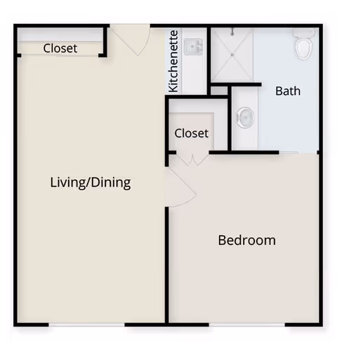 Floor plan of a senior living unit at Charter Senior Living of Hermitage showing a living/dining area, bedroom, bathroom, kitchenette, and two closets.