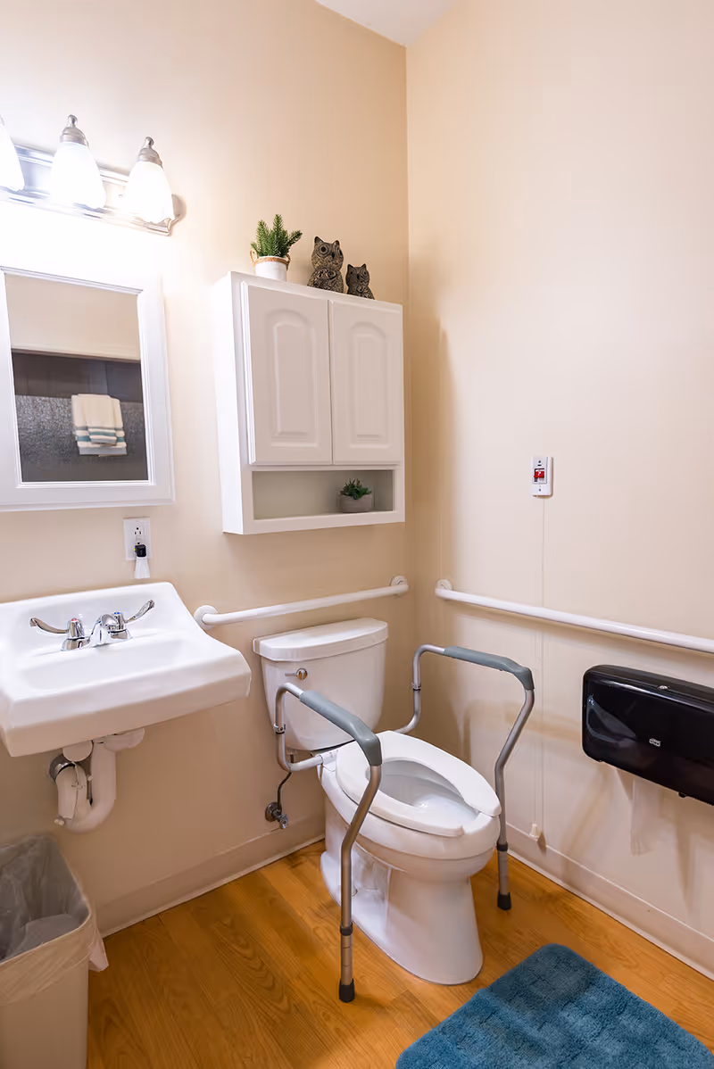 Accessible bathroom with a toilet fitted with support rails, sink, wall cabinet, grab bars and a blue bath mat.