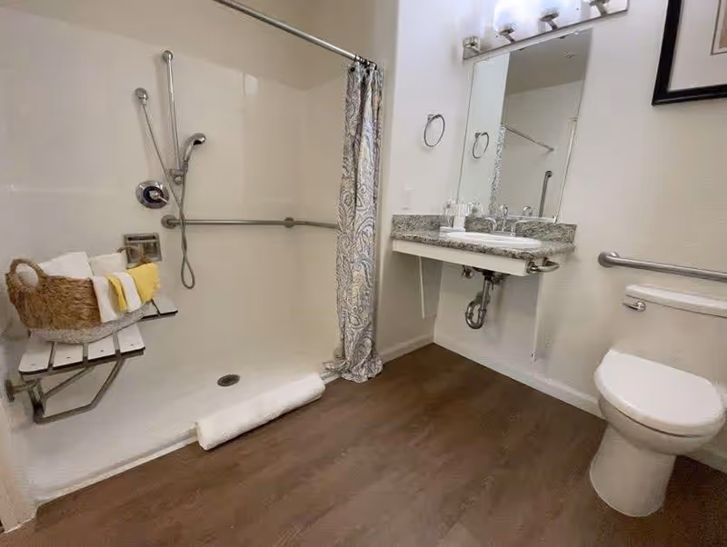 A clean and accessible bathroom featuring a walk-in shower with a handheld showerhead and a foldable bench holding a basket with towels. There is a shower curtain with a decorative pattern, a wall-mounted sink with a granite countertop, a large mirror above the sink, and a toilet with grab bars on the wall. The floor is wood-style, and the walls are painted white.