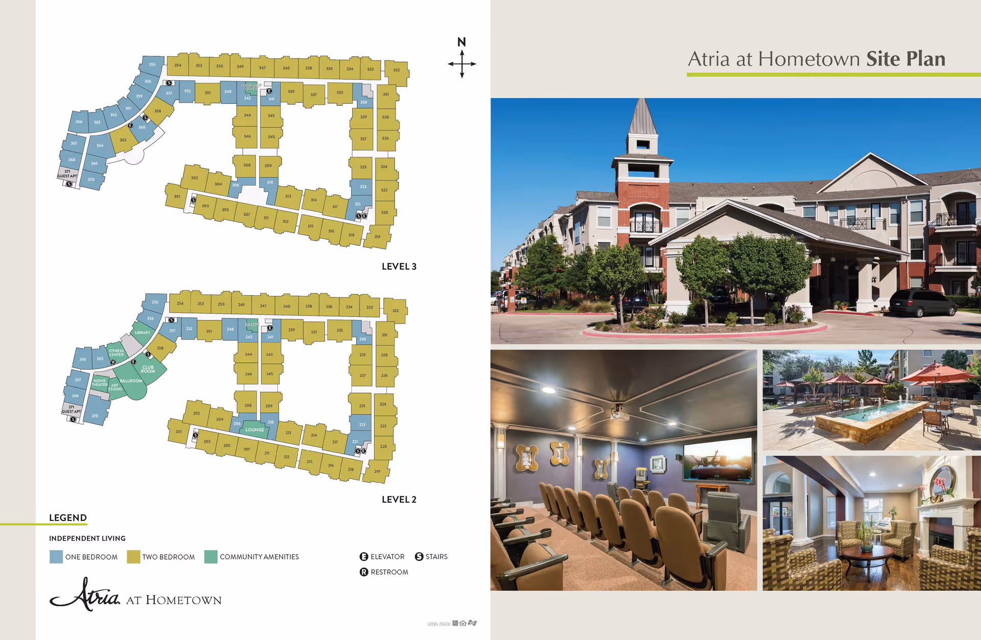 Atria at Hometown site plan showing floor layouts for levels 2 and 3 with color-coded independent living units and community amenities. The right side features a photo collage including the exterior front entrance of the building, an outdoor patio area with seating and umbrellas, a theater room with rows of seats facing a screen, and a cozy indoor lounge area with wicker chairs and a fireplace.