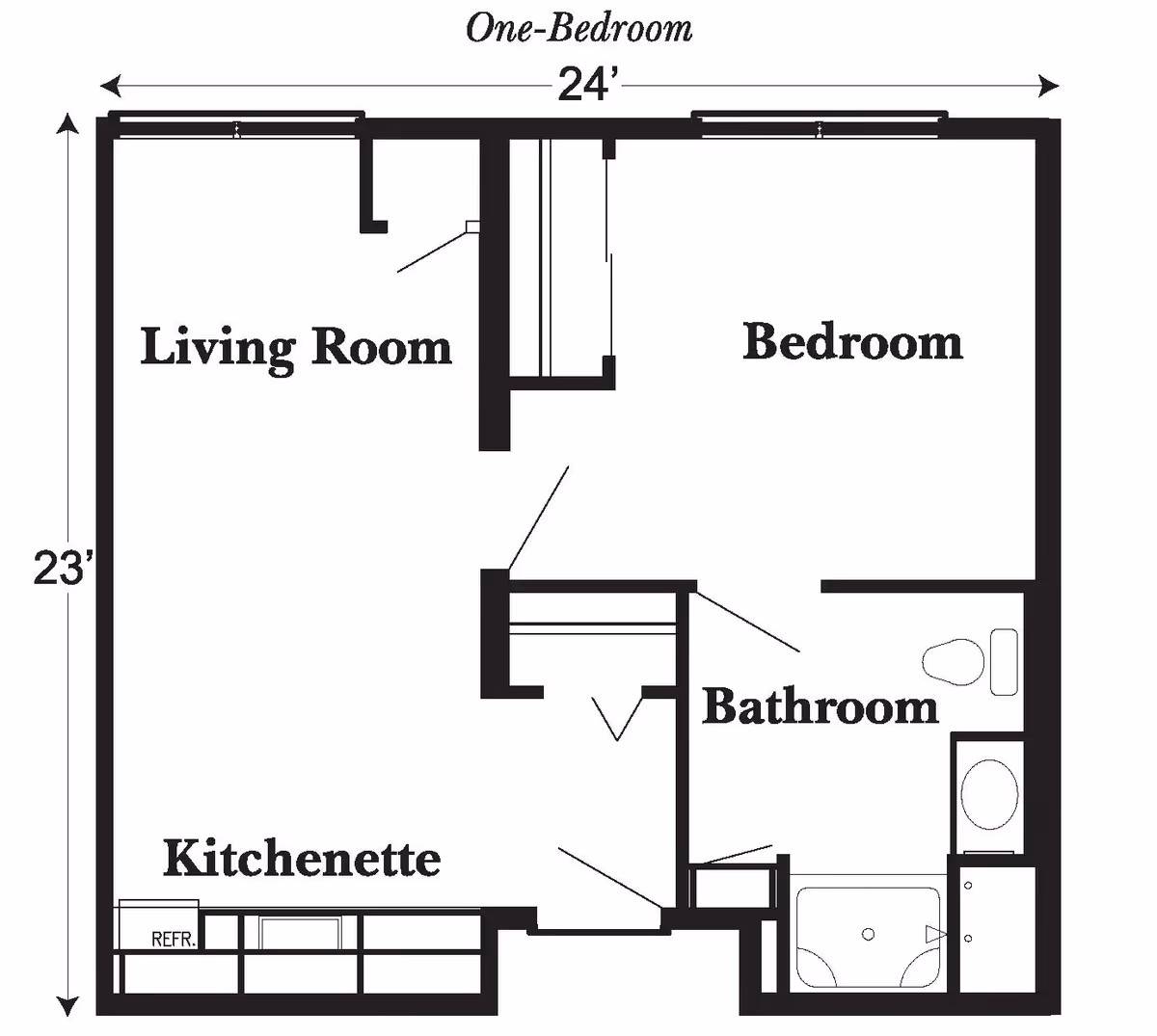 Black-and-white one-bedroom floor plan labeled Living Room, Bedroom, Kitchenette and Bathroom with dimensions 24' by 23'.