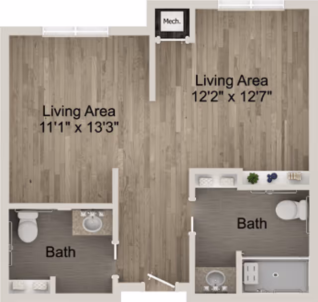 Floor plan showing two living areas with dimensions 11'1" x 13'3" and 12'2" x 12'7", each adjacent to a bathroom. The layout includes a mechanical room and entryways connecting the spaces.