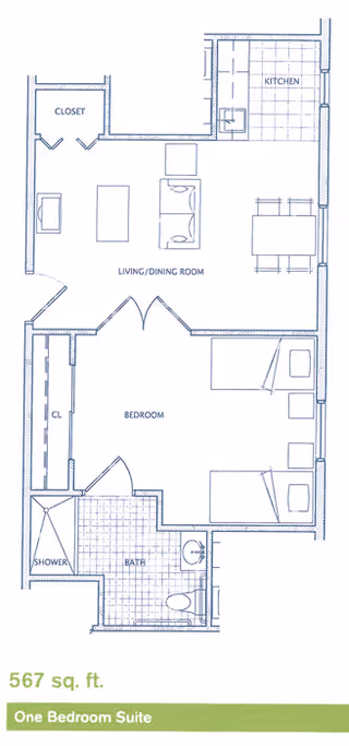 Architectural floor plan of a one-bedroom suite at Heritage Hill Senior Community, showing a bedroom with two beds, a living/dining room area with sofa and table, a kitchen, a bathroom with shower, and closets. The total area is 567 square feet.