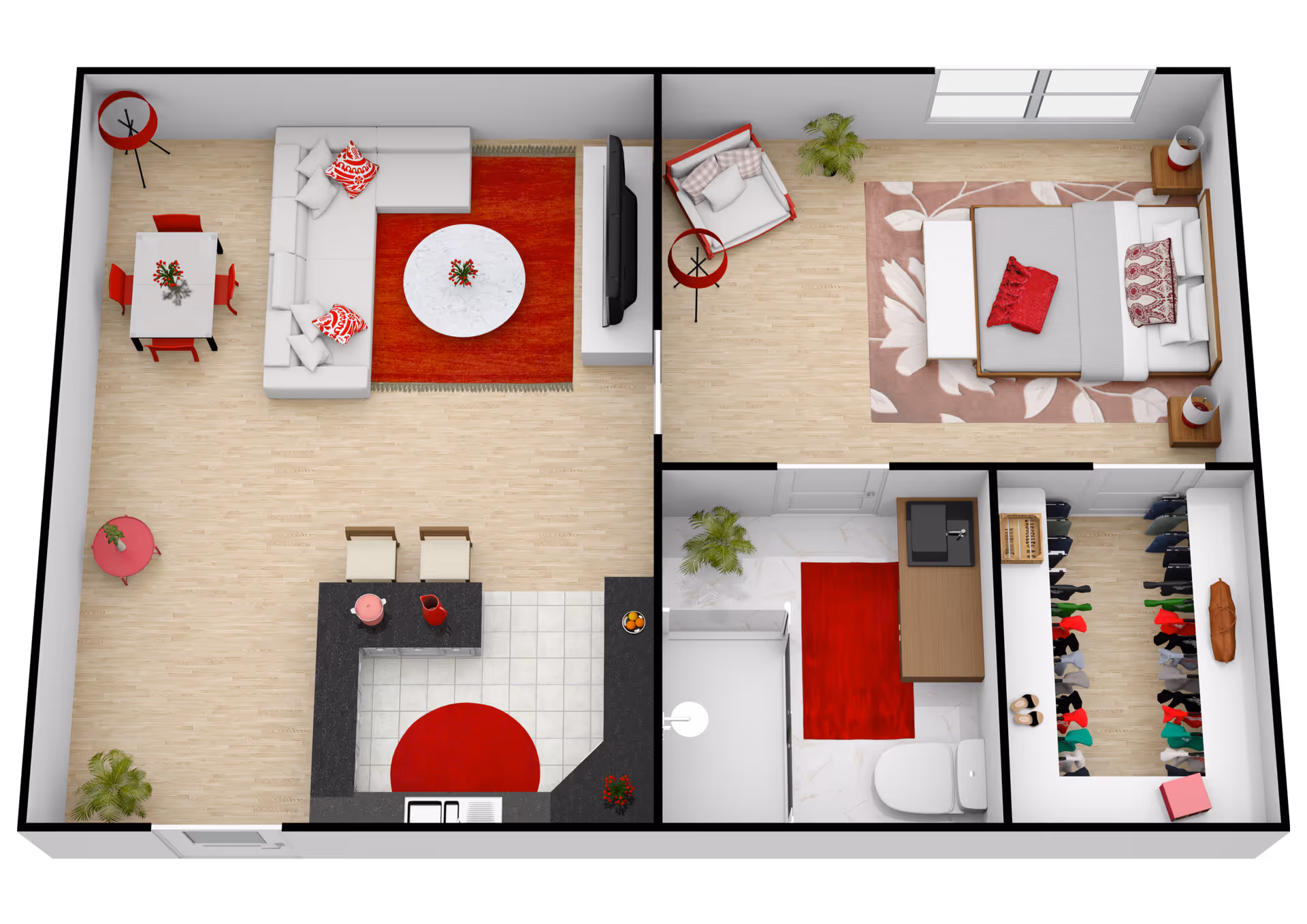 Top-down view of a one-bedroom apartment floor plan featuring a living room with a sectional sofa, round coffee table, TV, and dining table with four chairs. Adjacent to the living room is a kitchen with a counter and two stools. The bedroom has a bed, nightstands, an armchair, and a large rug. The bathroom includes a toilet, sink, and shower. There is also a walk-in closet with hanging clothes and shelves. The decor includes red accents and plants throughout.