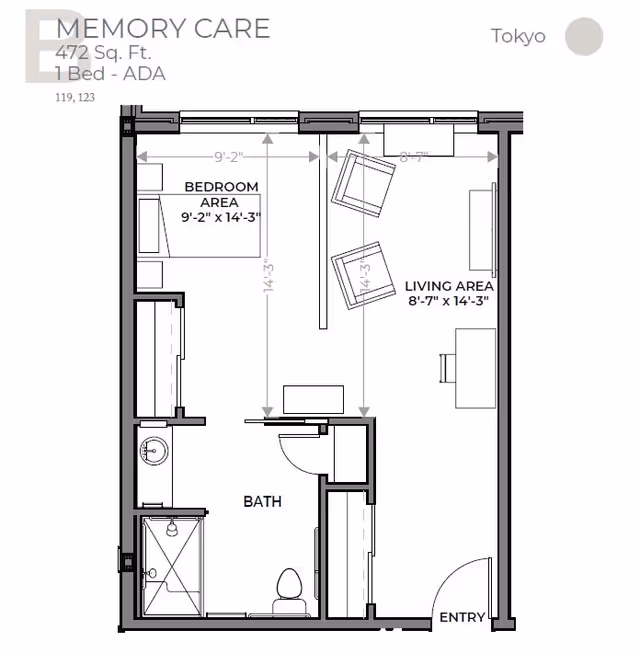 Architectural floor plan of a memory care unit named Tokyo, 472 square feet, 1 bedroom ADA accessible. The layout includes a bedroom area measuring 9 feet 2 inches by 14 feet 3 inches, a living area measuring 8 feet 7 inches by 14 feet 3 inches, a bathroom with a shower, toilet, and sink, and an entryway.