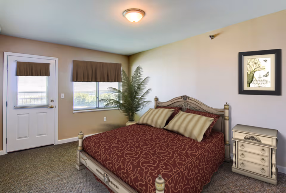 A bedroom with a large bed covered in a red patterned bedspread and two beige pillows. There is a small nightstand with drawers next to the bed, a framed picture hanging on the wall above it, a potted plant in the corner, and a door and window with brown valances letting in natural light.