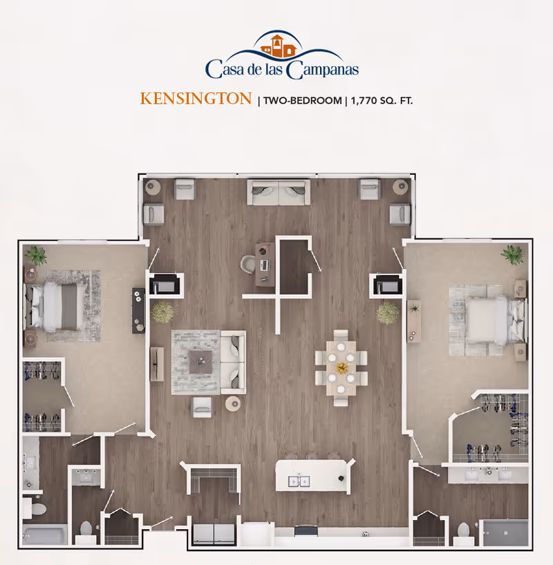 Floor plan of Casa de las Campanas Kensington two-bedroom apartment with 1,770 square feet. The layout includes two bedrooms with closets, two bathrooms, a kitchen with an island, a dining area with a table and six chairs, a living room with sofas and chairs, and a central office space.