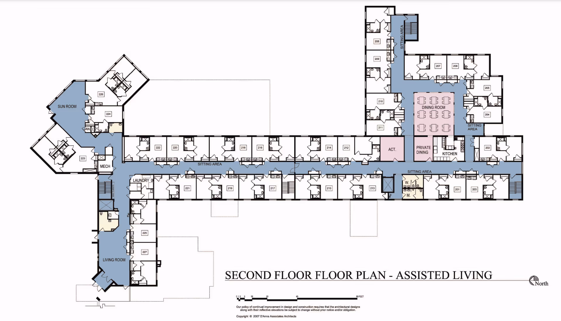 Architectural floor plan of the second floor of an assisted living facility named Northport Highlands, showing rooms, sitting areas, a sun room, laundry, living room, dining room, private dining, kitchen, and various numbered resident rooms.