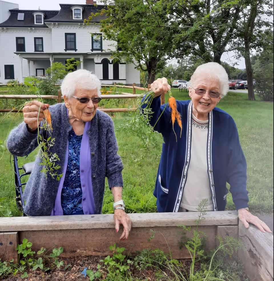Two elderly women standing outdoors in a garden, each holding freshly picked carrots and smiling. Behind them is a large white house and some trees, with a wooden fence and parked cars visible in the background.