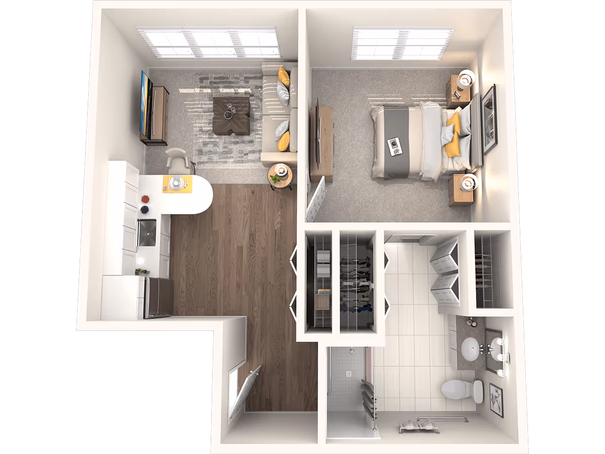 Top-down 3D floor plan of a one-bedroom apartment showing a living area with kitchen, bedroom, bathroom, and closets.