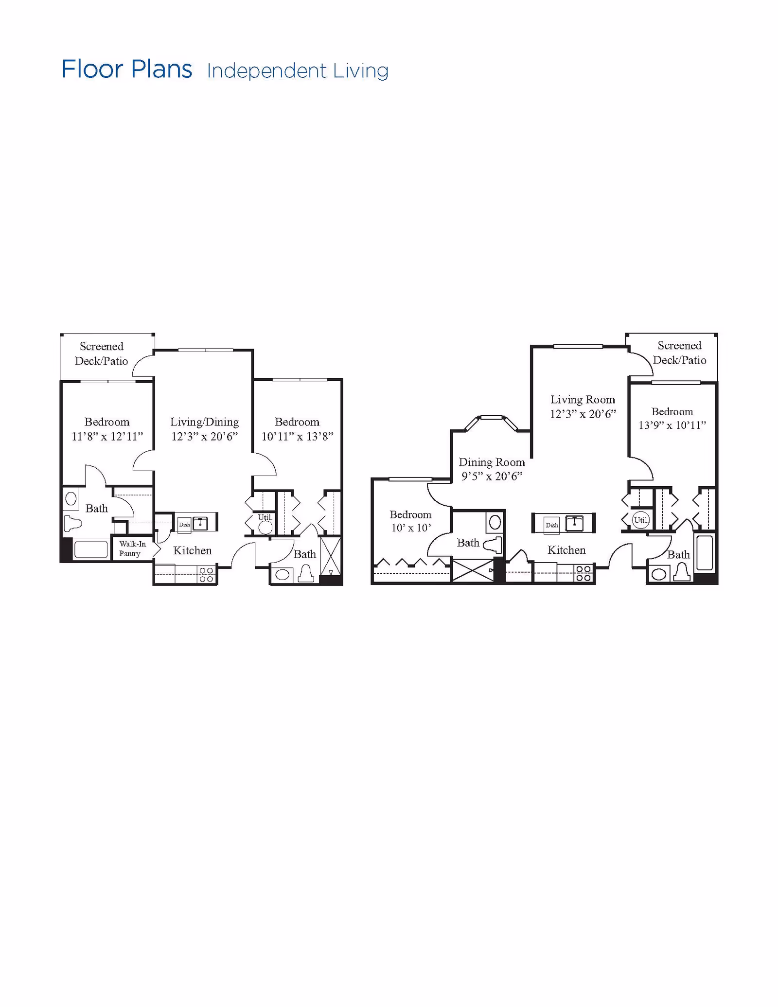 Floor plans for independent living units at Brookdale Chambrel Roswell, showing layouts with bedrooms, bathrooms, kitchens, living/dining rooms, and screened decks/patios.