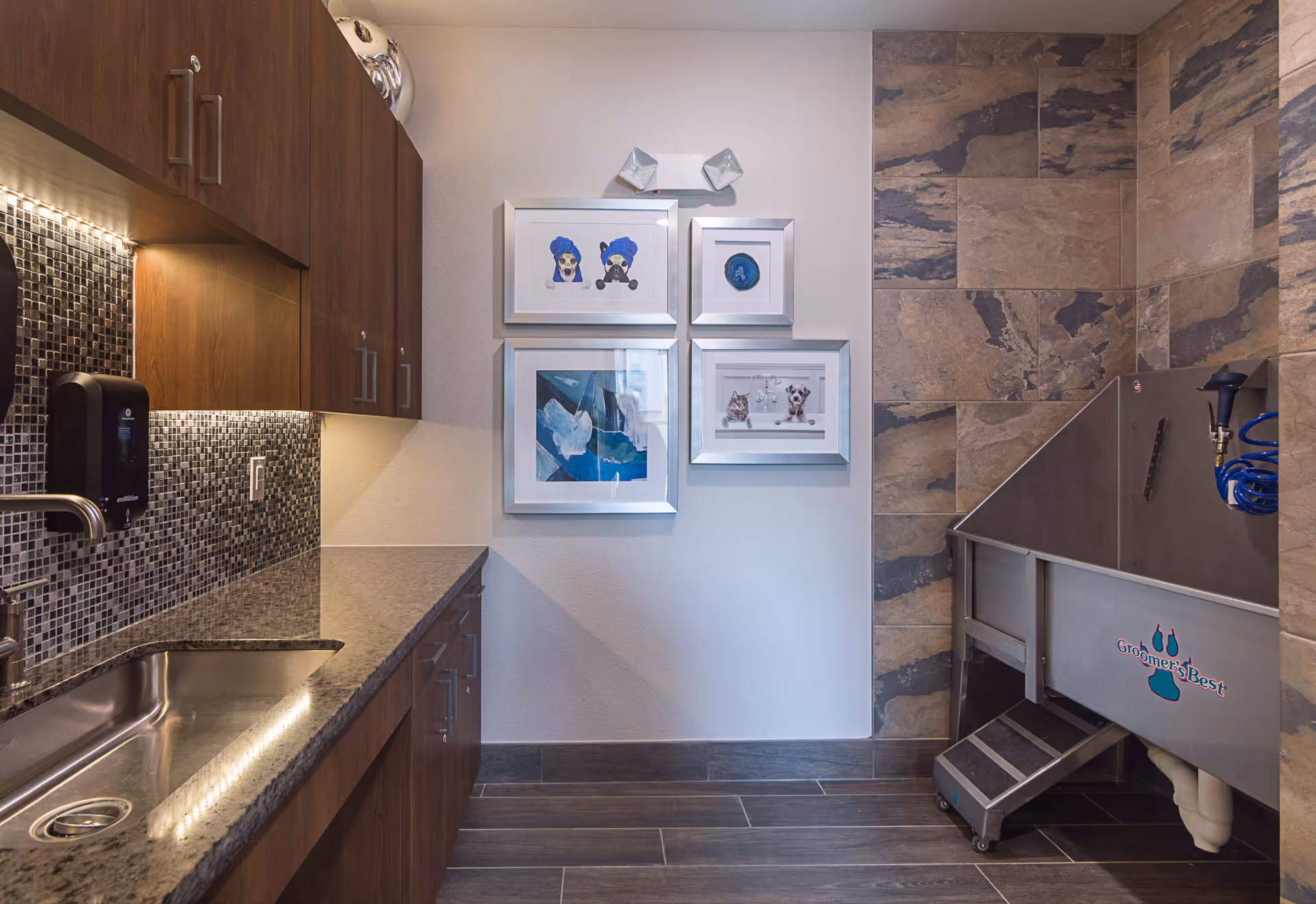 Interior room with a granite countertop and sink on the left, dark wood cabinets above and below, mosaic tile backsplash, and a stainless steel pet washing station on the right with a blue hose. Four framed pictures hang on the wall above the pet washing station, including images of dogs and abstract art.