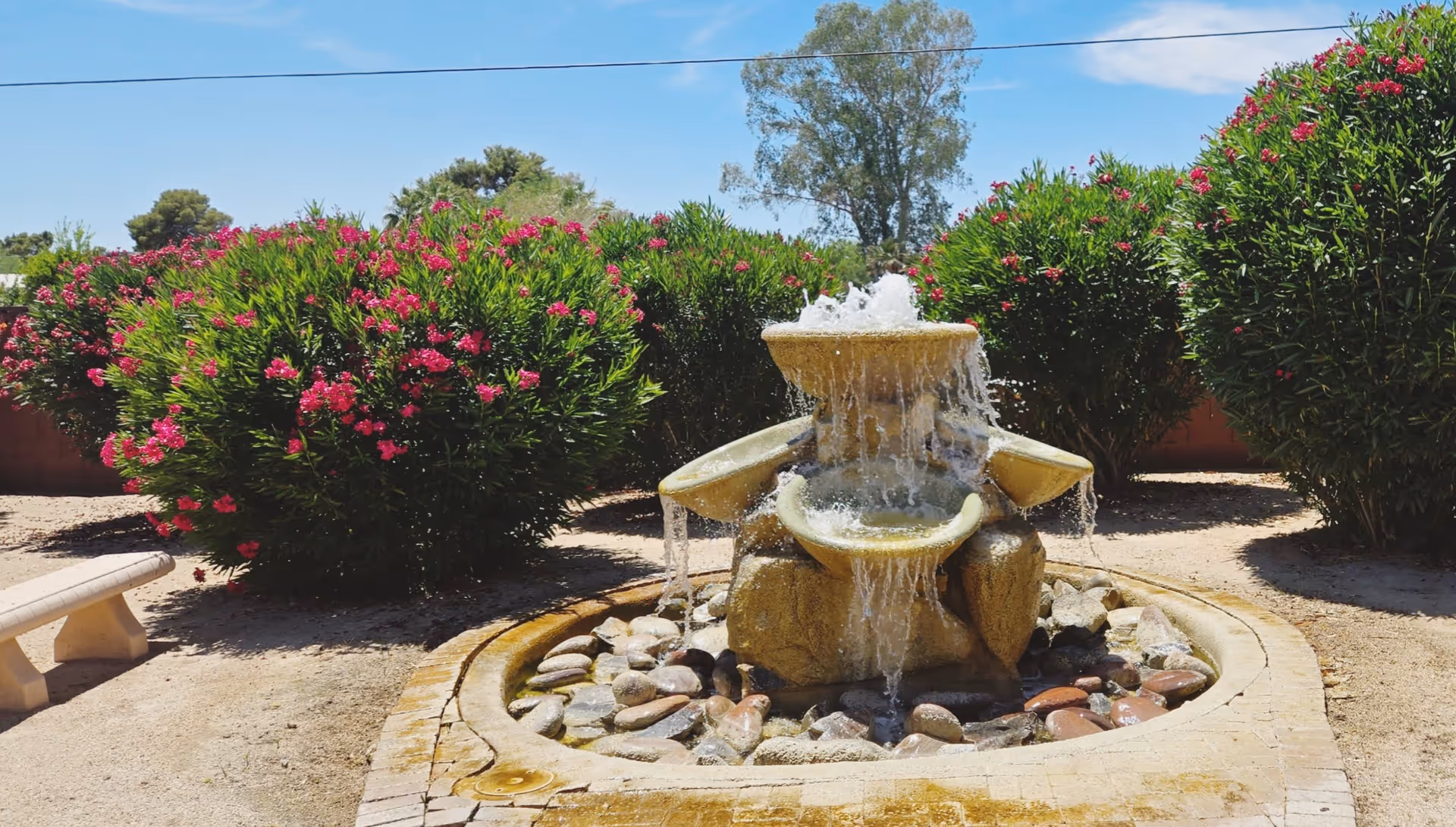Outdoor garden area with a stone water fountain surrounded by rocks and flowering bushes with pink blooms under a clear blue sky.