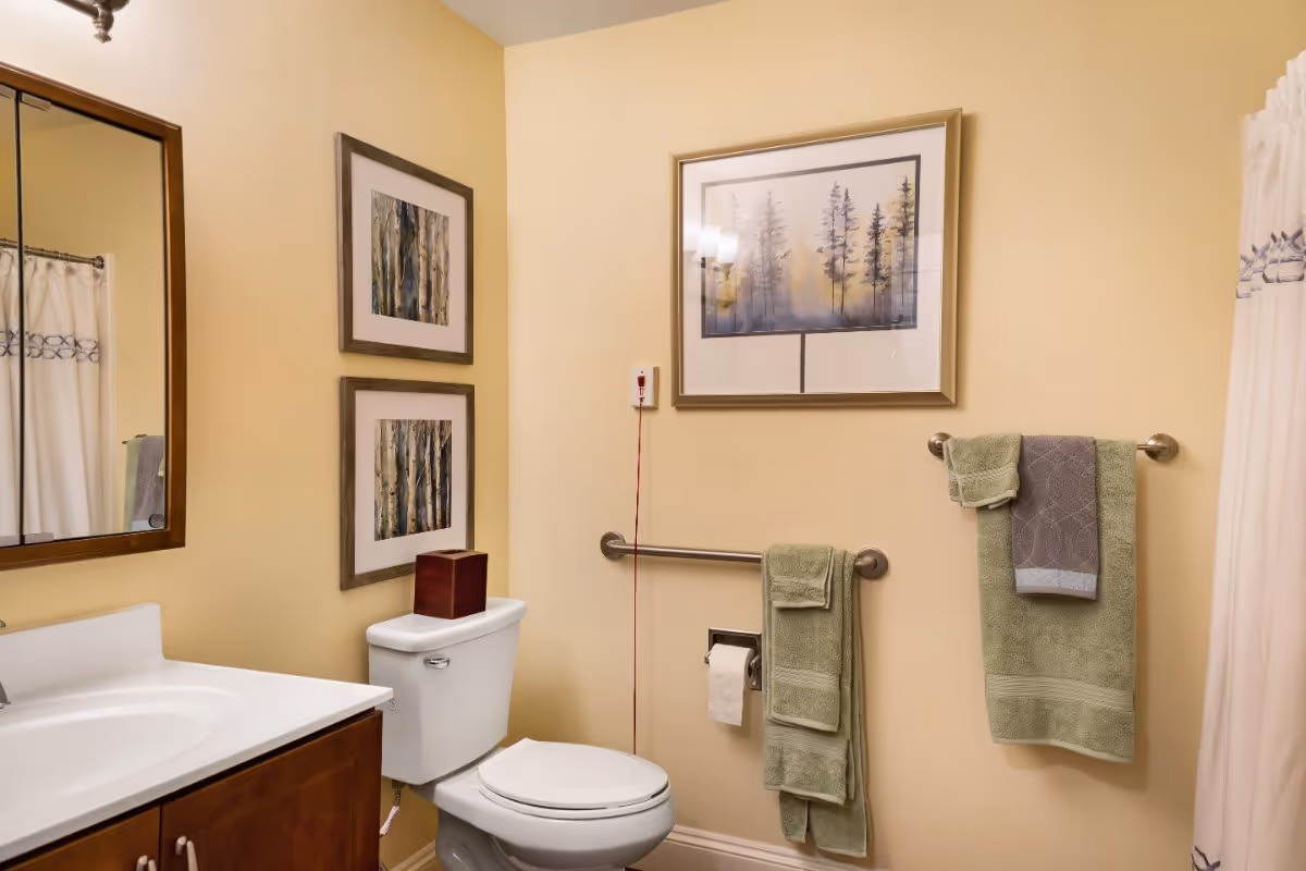 A clean and well-lit bathroom with beige walls featuring a white toilet and a wooden vanity with a white countertop and sink. Above the toilet are two framed pictures of trees, and another framed picture of trees hangs on the adjacent wall. There are green and gray towels hanging on metal towel bars, and a white shower curtain with a decorative border is partially visible on the right side.