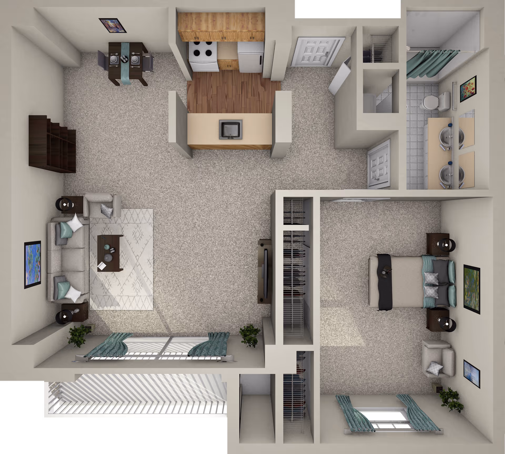 Top-down view of a one-bedroom apartment floor plan showing a living room with sofa, coffee table, and TV, a dining area with a table and two chairs, a kitchen with appliances and a counter, a bedroom with a bed, nightstands, and a chair, and a bathroom with a double sink, toilet, and shower.