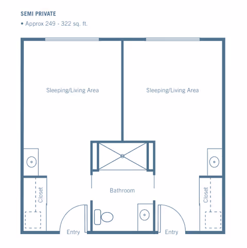Floor plan of a semi-private assisted living unit at The Groves Assisted Living & Memory Care, showing two sleeping/living areas each with a closet, and a shared bathroom in the center with two entry doors.