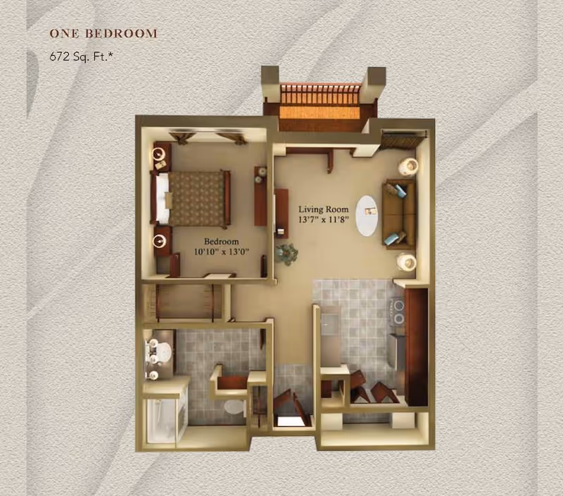 Floor plan of a one-bedroom apartment with 672 square feet. The layout includes a bedroom measuring 10 feet 10 inches by 13 feet, a living room measuring 13 feet 7 inches by 11 feet 8 inches, a kitchen area with a dining counter and stools, and a bathroom with a shower, sink, and toilet. There is also a small balcony or patio area accessible from the living room.