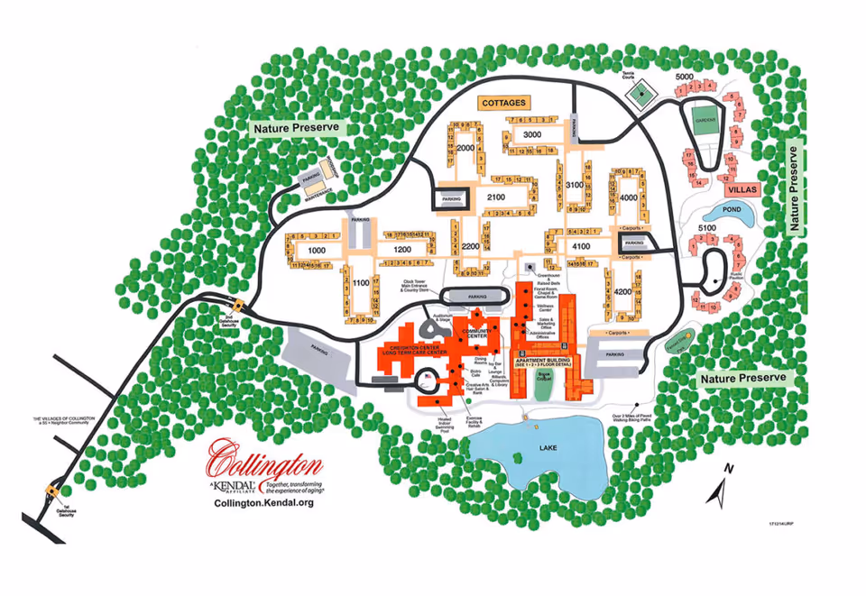 Illustrated campus map of the Collington senior living community showing buildings, cottages and villas, roads, parking, a lake, and surrounding nature preserve.