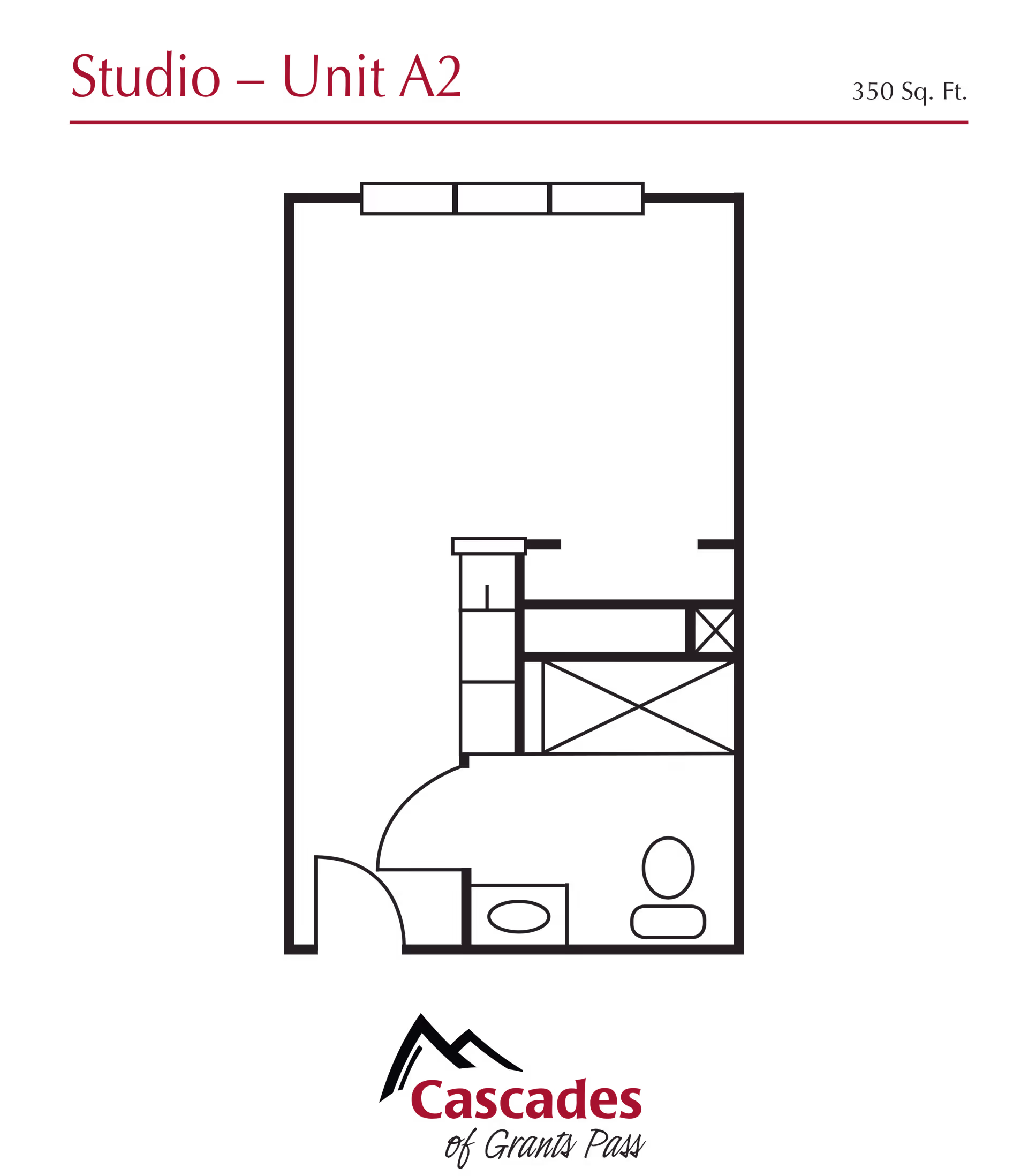 Floor plan layout of Studio Unit A2 at Cascades of Grants Pass, showing a 350 square feet space with an entrance leading to a bathroom area and a main living space with windows.