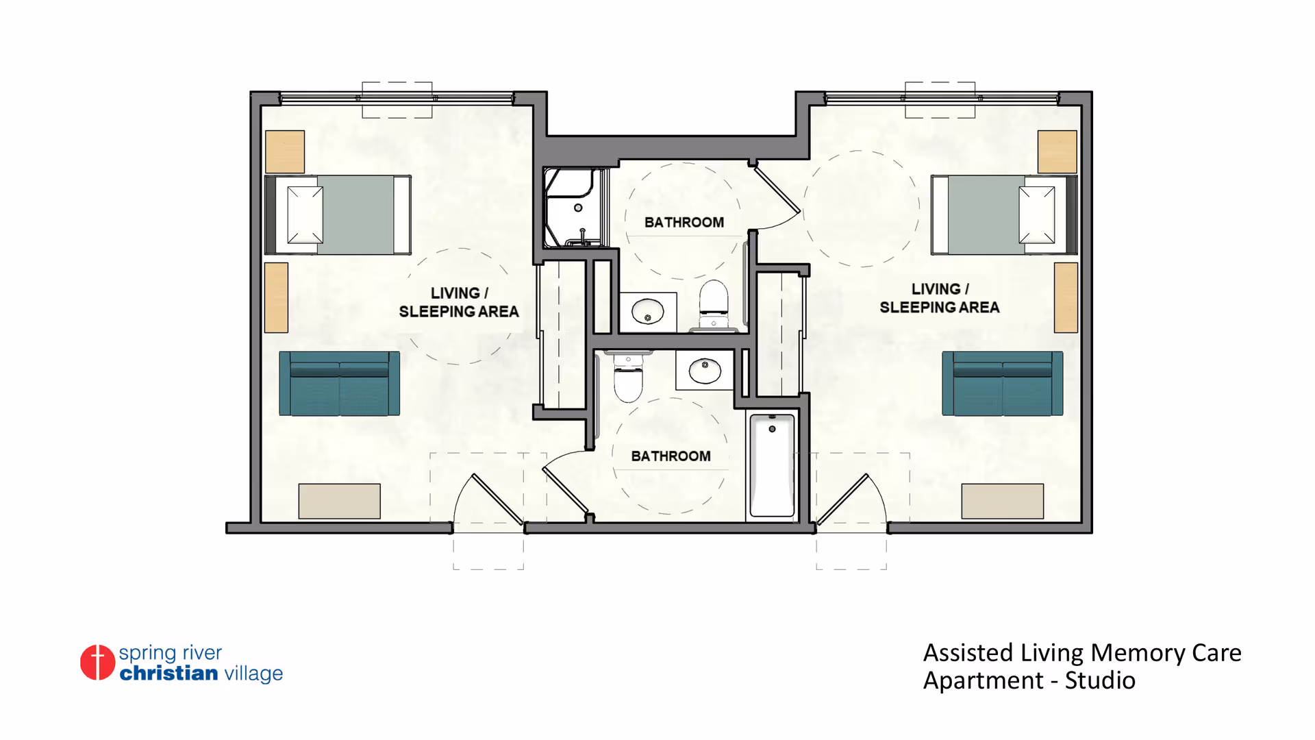 Floor plan of an assisted living memory care studio apartment showing two mirrored living/sleeping areas, each with a bed, sofa, and furniture. Two bathrooms are located in the center, each with a toilet and sink, one with a shower and the other with a bathtub. The layout includes entry doors to each living/sleeping area.