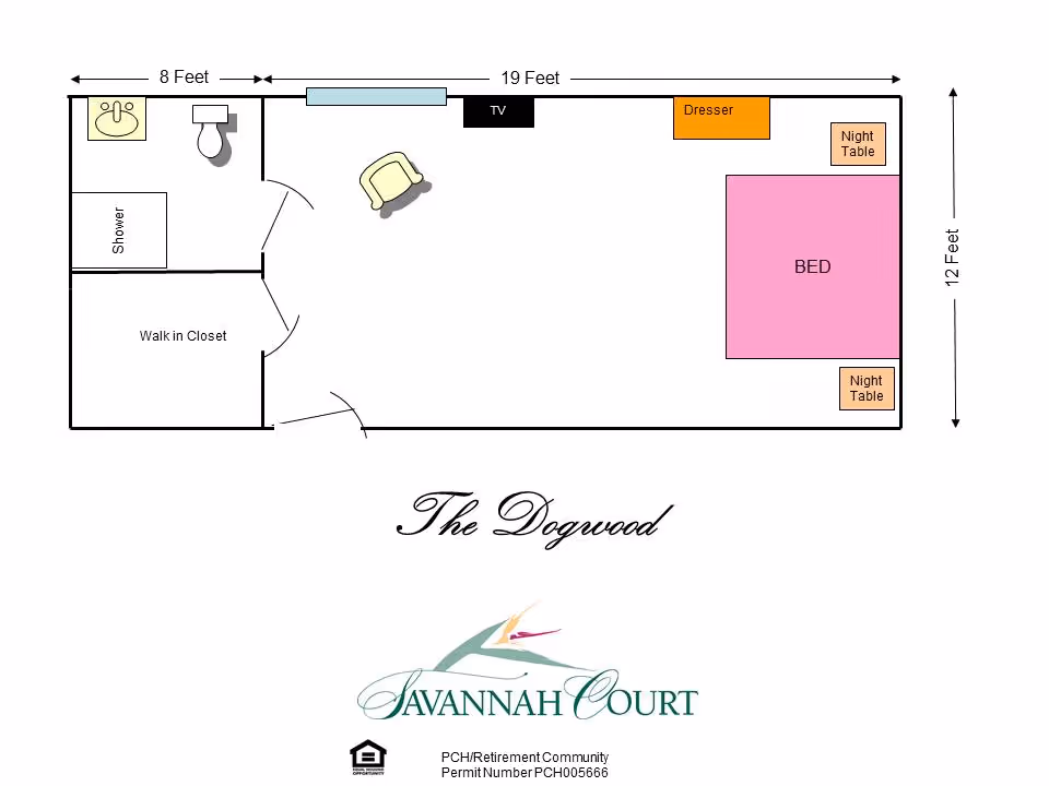 Floor plan of a room named The Dogwood at Savannah Court. The layout includes a bedroom area with a bed, two night tables, and a dresser. There is a living space with a chair and a TV. The plan also shows a walk-in closet and a bathroom with a shower, sink, and toilet. Dimensions are 19 feet by 12 feet for the main room and 8 feet for the bathroom area.
