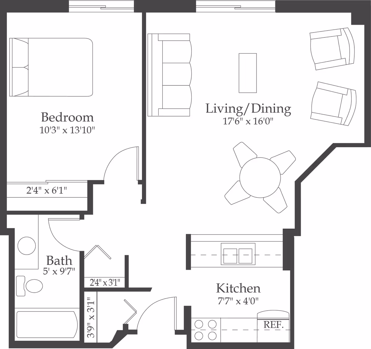 Floor plan of a senior living apartment at The Wellington Senior Living showing a bedroom, bathroom, kitchen, and combined living/dining area with furniture layout and room dimensions.