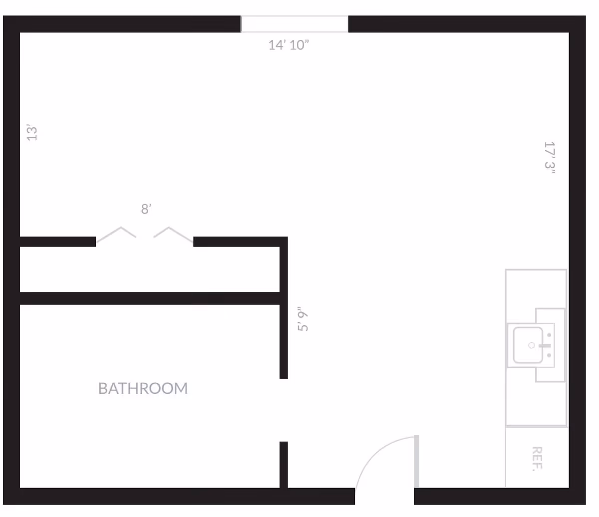 Floor plan layout showing a main room with dimensions 14 feet 10 inches by 17 feet 3 inches, a bathroom labeled with dimensions 13 feet by 8 feet, and a kitchen area with a sink and refrigerator. The entrance door opens into the main room.