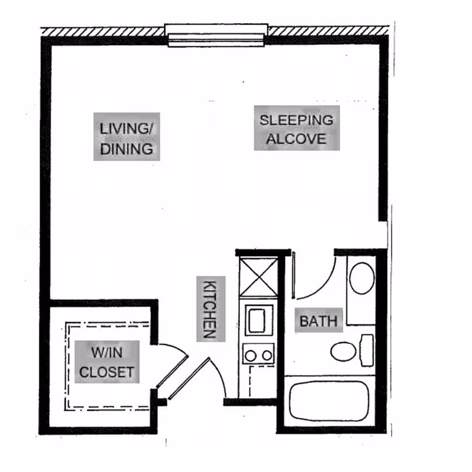 Black and white architectural floor plan of a small living space showing labeled areas including living/dining, sleeping alcove, kitchen, bath, and walk-in closet.