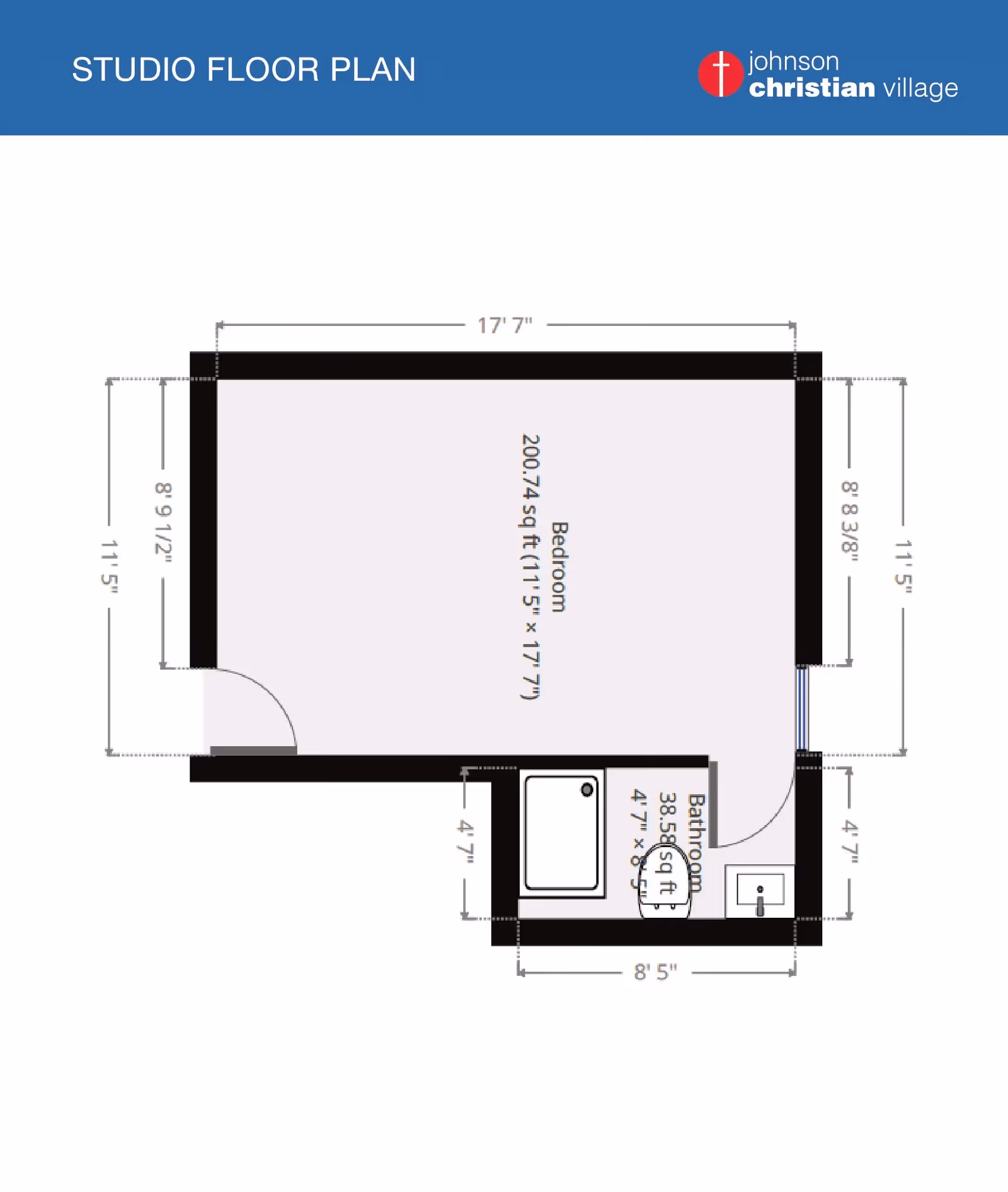 Studio floor plan showing a rectangular bedroom measuring 11 feet 5 inches by 17 feet 7 inches with an attached bathroom measuring 4 feet 7 inches by 8 feet 5 inches. The bathroom includes a bathtub and a sink. The plan includes dimensions and labels for each area.
