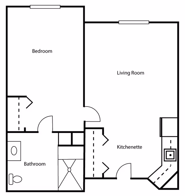 Black-and-white floor plan of a one-bedroom unit labeled Bedroom, Living Room, Kitchenette, and Bathroom.
