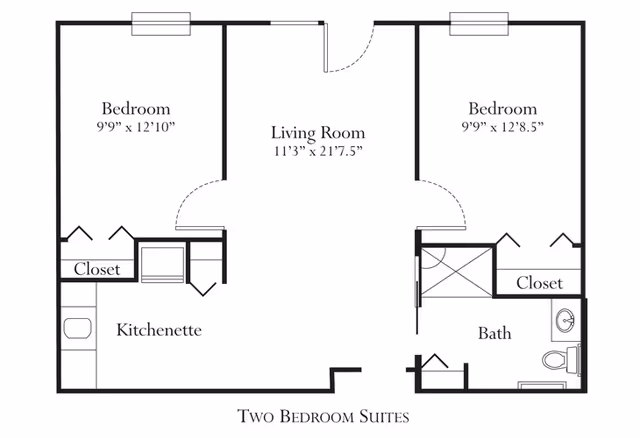 Floor plan layout of a two-bedroom suite at Five Star Residences of Noblesville, showing two bedrooms each with closets, a living room, a kitchenette, and a bathroom.