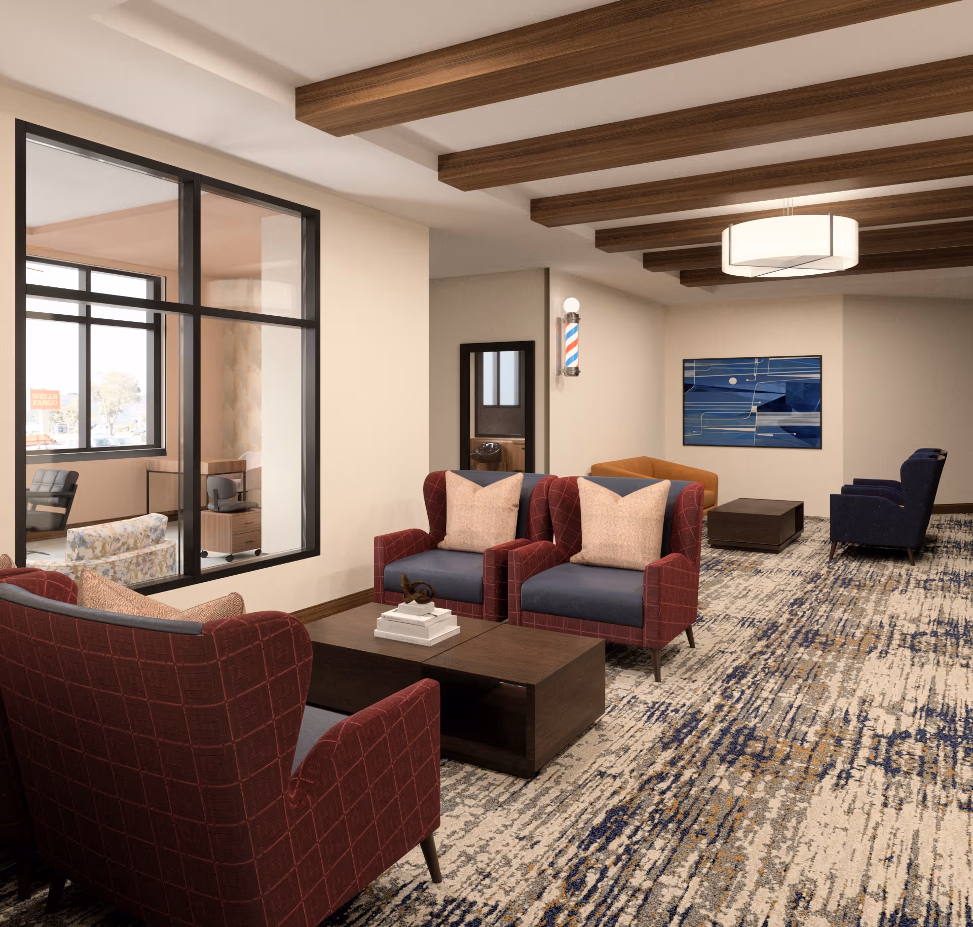 A spacious senior living facility lounge area with comfortable seating including red and blue armchairs, a brown sofa, and wooden coffee tables. The room features a patterned carpet, wooden ceiling beams, a modern light fixture, and a large abstract blue painting on the wall. A windowed office or room is visible on the left side, and a barber pole light fixture is mounted on the wall near a doorway.
