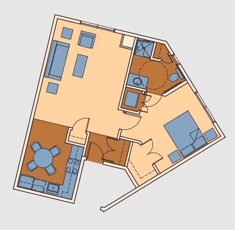 Architectural floor plan of a senior living unit at Keystone Place at Terra Bella, showing a living room with sofa and chairs, a kitchen with dining table and chairs, a bedroom with a bed and nightstand, and a bathroom with a shower, sink, and toilet.