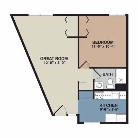 Floor plan of an apartment unit at Garden Court Apartments showing a great room measuring 12 feet by 8 feet, a bedroom measuring 11 feet 6 inches by 10 feet 4 inches, a bathroom with a toilet and shower, and a kitchen measuring 6 feet 6 inches by 8 feet.