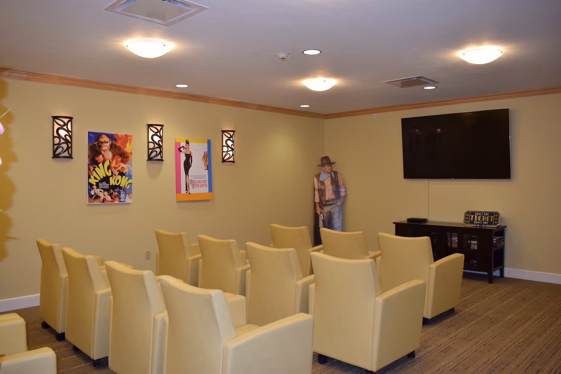 Small screening room with rows of beige armchairs facing a wall-mounted TV and vintage movie posters on the wall.