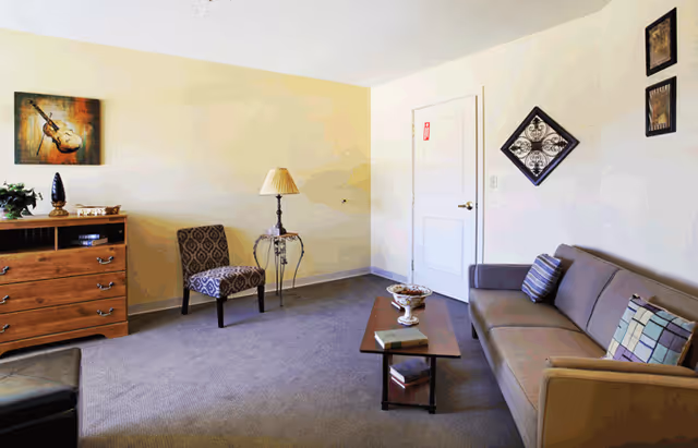 A cozy living room with a beige sofa adorned with two patterned pillows, a wooden coffee table with a decorative bowl and a book, a patterned armchair, a wooden dresser with a plant and decorative items, a floor lamp, and framed artwork on the walls.