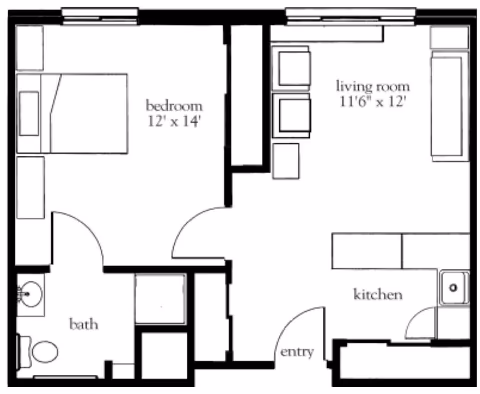 Black-and-white floor plan of a one-bedroom apartment showing a bedroom (12' x 14'), living room (11'6" x 12'), kitchen, bath and entry.