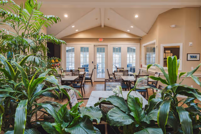 Bright communal dining room with tables and chairs surrounded by large potted plants and glass doors at the far end.