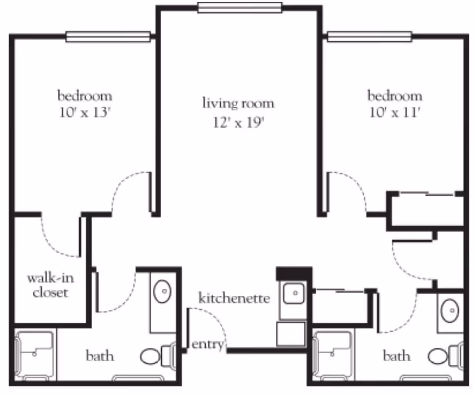 Floor plan of a living space at Atria Seville showing two bedrooms, each with a bathroom. The left bedroom measures 10 feet by 13 feet and includes a walk-in closet. The right bedroom measures 10 feet by 11 feet. The central living room measures 12 feet by 19 feet and is adjacent to a kitchenette near the entry.