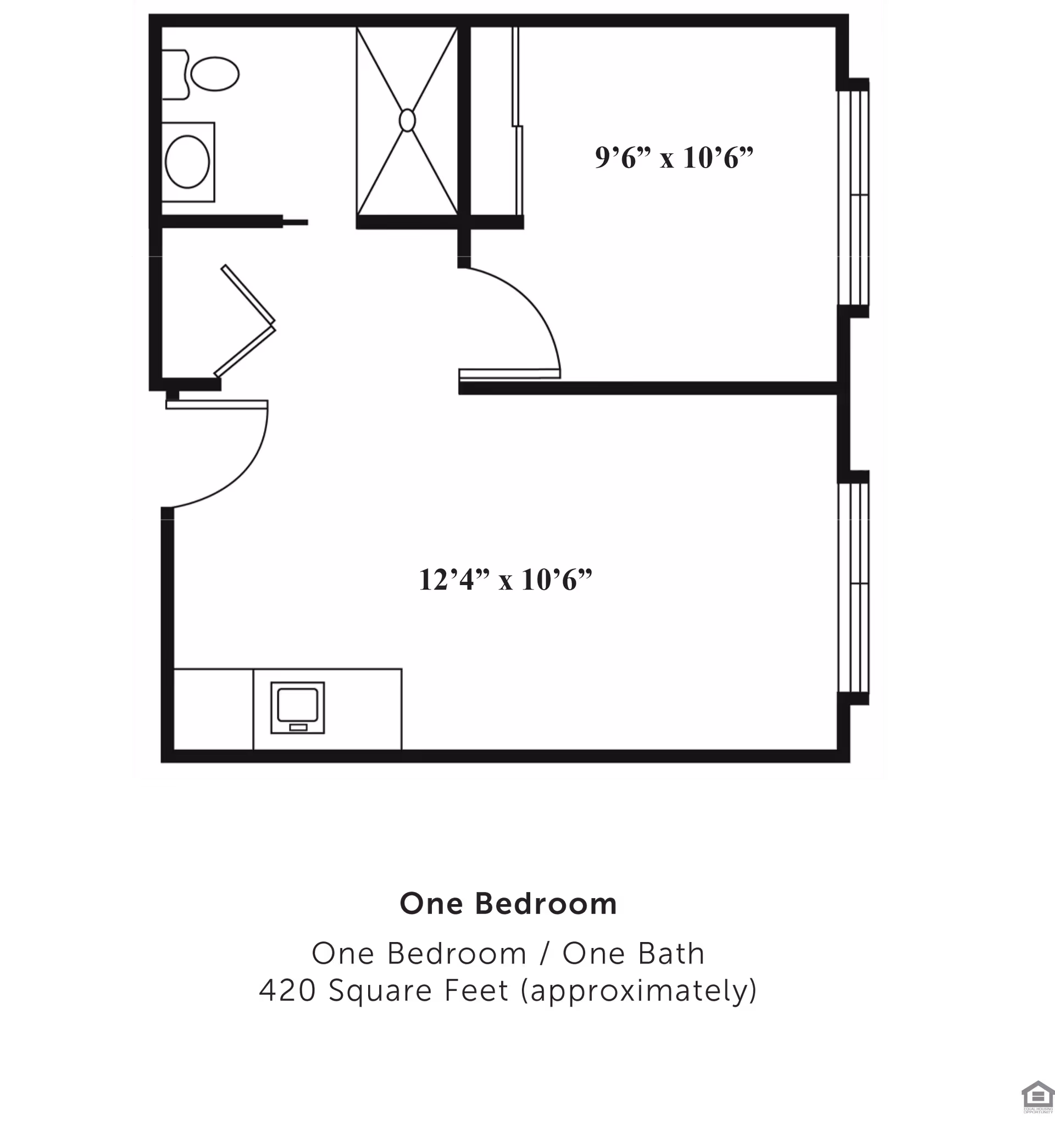 Floor plan of a one-bedroom, one-bath apartment approximately 420 square feet, showing a bedroom measuring 9 feet 6 inches by 10 feet 6 inches, a living area measuring 12 feet 4 inches by 10 feet 6 inches, a bathroom, and a kitchen area.