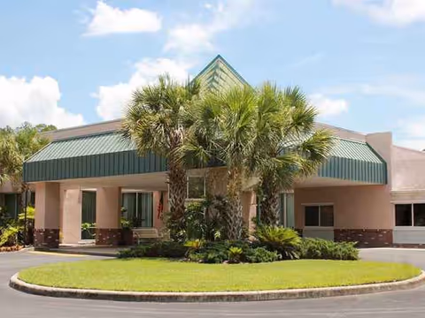 Exterior view of Isle Health and Rehab Center with palm trees and a circular driveway.