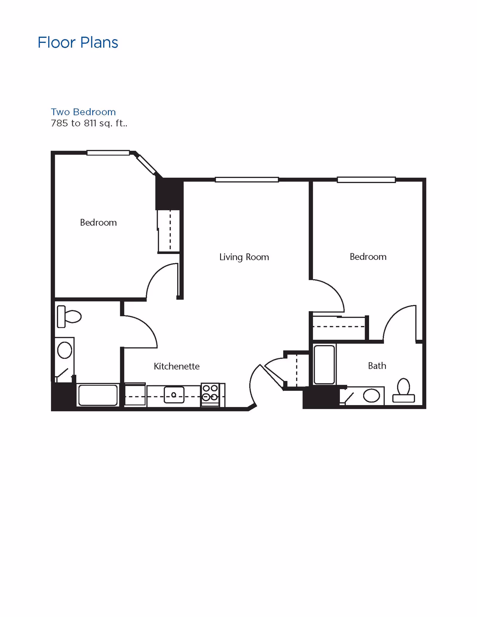 Floor plan of a two-bedroom apartment with 785 to 811 square feet. It includes two bedrooms, a living room, a kitchenette, and a bathroom.
