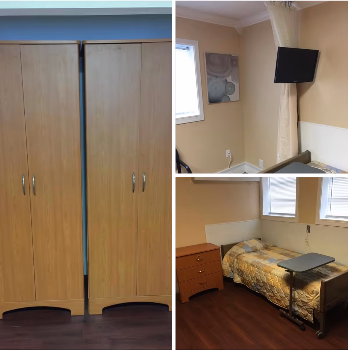 Small institutional bedroom featuring two wooden wardrobes, a single bed with a quilt and overbed table, a bedside dresser, and a wall-mounted TV.