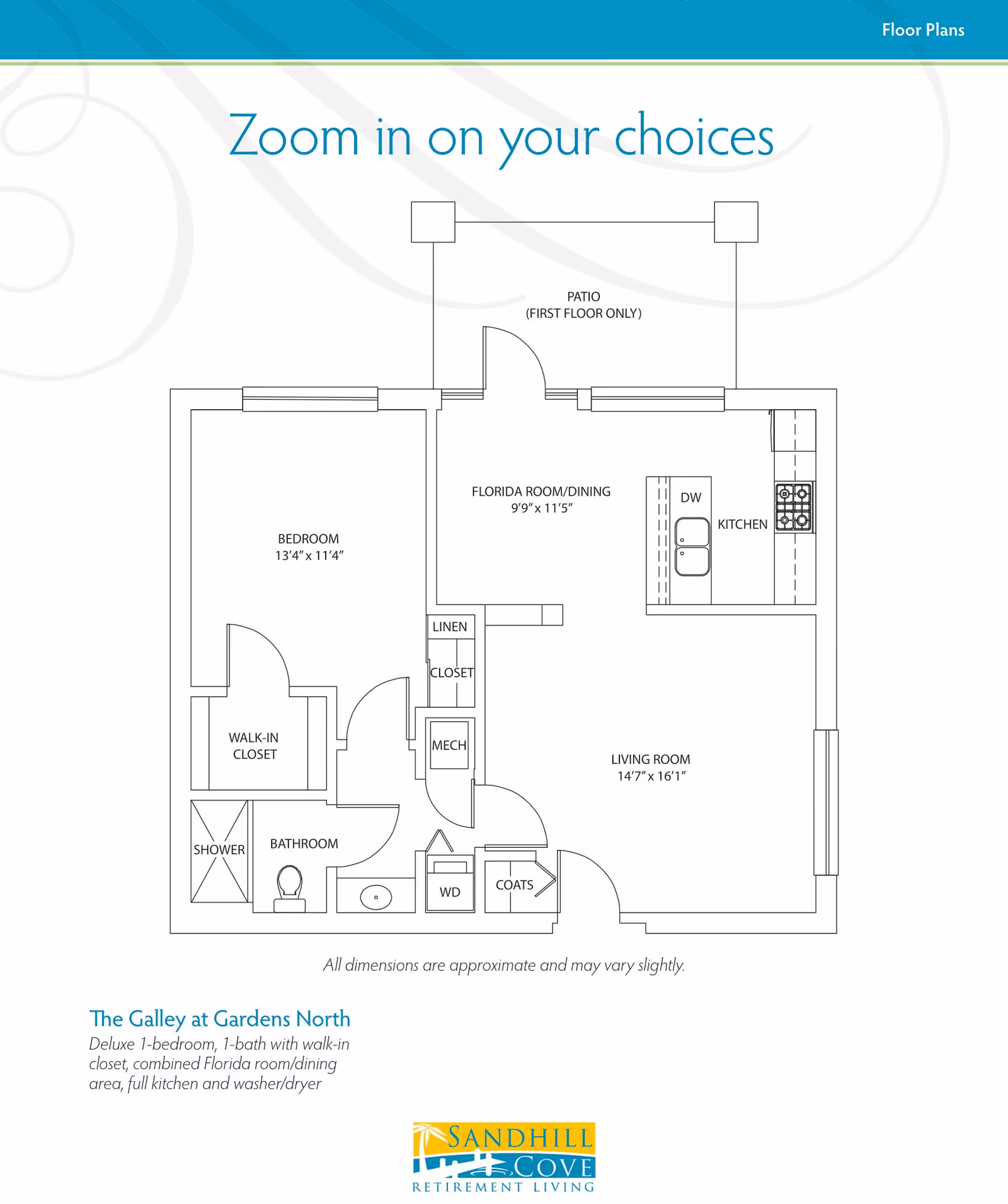 Architectural floor plan of a one-bedroom retirement apartment showing labeled rooms (living room, kitchen, Florida room/dining, bedroom, bathroom, closets, patio) and the Sandhill Cove logo.