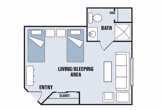 Floor plan of a senior living unit showing an entry area with a closet, a living and sleeping area with two beds, a sofa, two chairs, and a coffee table, and a bathroom with a toilet, sink, and shower.