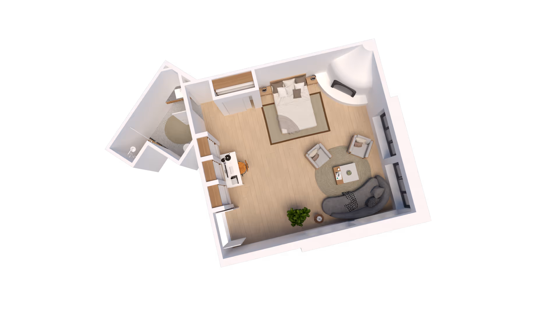 3D overhead floor plan of a studio apartment showing a bed, seating area with couch and chairs, a small kitchenette/desk area, and a bathroom.