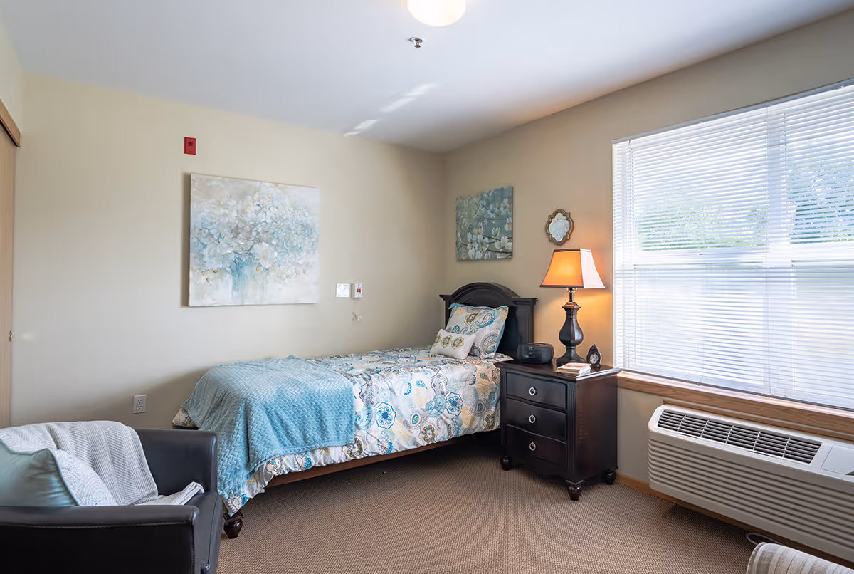 Sunny assisted living bedroom with a single bed, bedside table and lamp, armchair and large window.