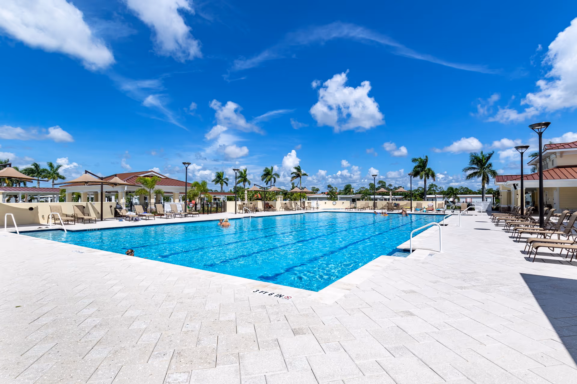 Outdoor swimming pool at Naples Estates 55+ Community with clear blue water, surrounded by lounge chairs and palm trees under a bright blue sky with scattered clouds.