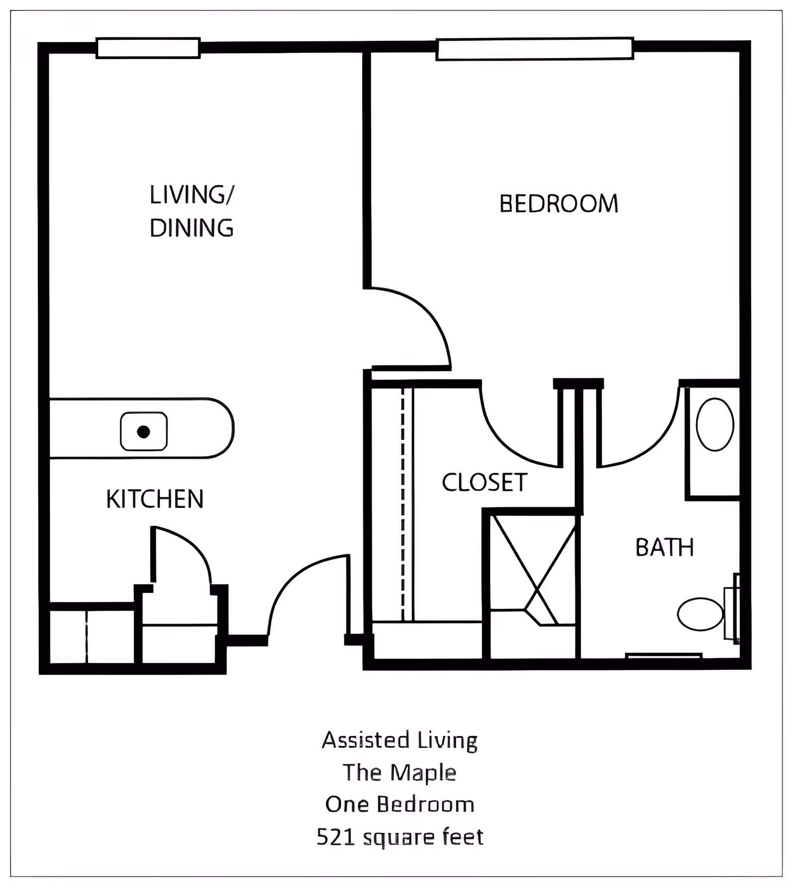 Black-and-white floor plan of a one-bedroom assisted living unit labeled 'The Maple', showing a living/dining area, kitchen, bedroom, closet, and bath.